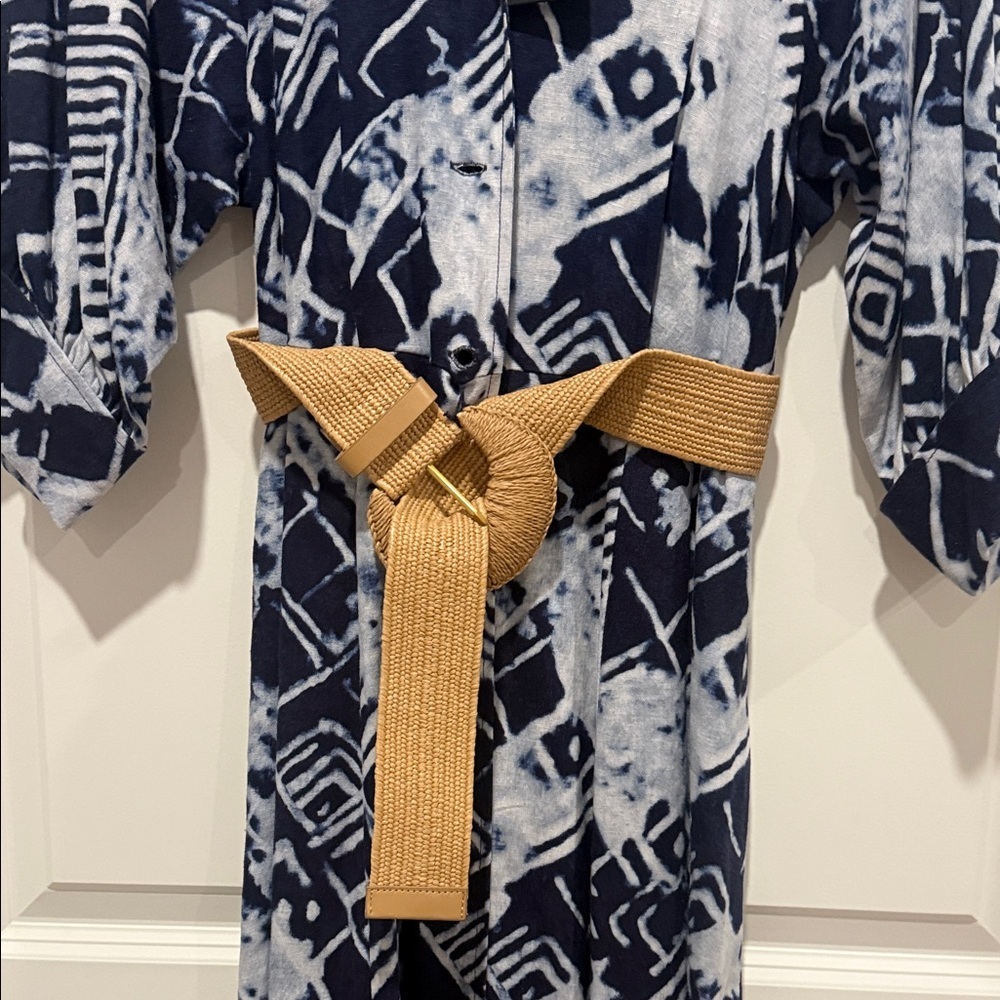 Donna Karan Navy and White Geometric Dress with Tan Belt - Picture 4 of 6